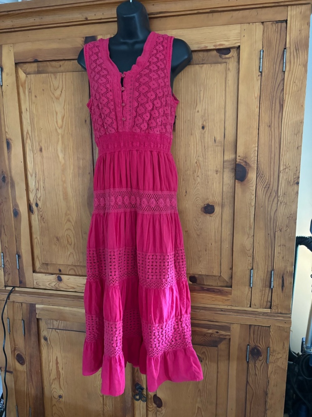 NAOO Fuchsia pink cotton eyelet boho maxi dress Sz L festival time!